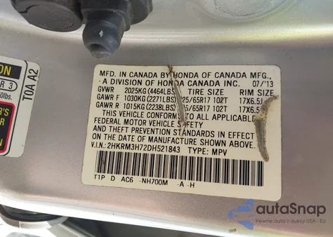 2013 Honda Cr-V Ex-L из США, поврежденный, VIN 2HKRM3H72DH521843